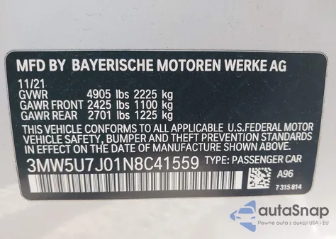 2022 BMW 3 Series M340I from USA, damaged, VIN 3MW5U7J01N8C41559